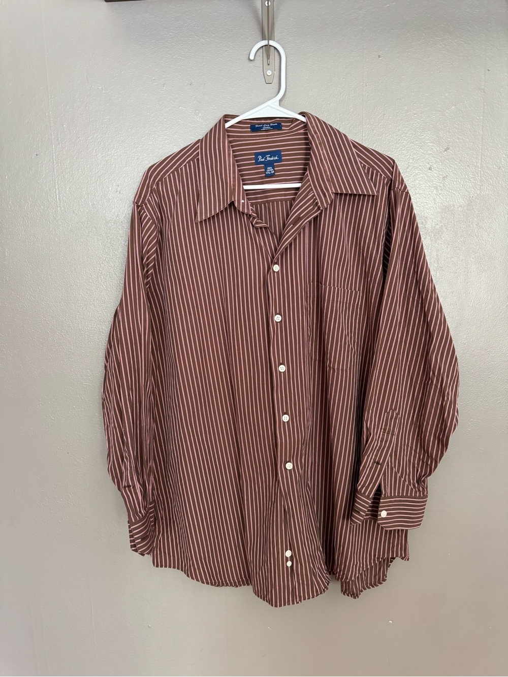 Paul Fredrick Men’s Brown and Pink Striped Dress Shirt